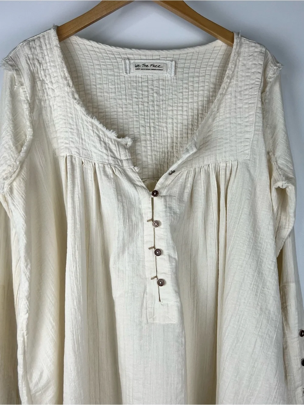 Free People Sand Dune Henley Oversized Tunic Top Boho Fringe Hem Cream Size L
